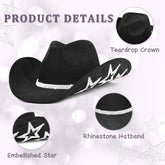Keilin Star Studded Rhinestone Cowgirl Hat Disco Cowboy Hat Felt Western Nashville Bachelorette Party Hat for Teens and Adults, Black